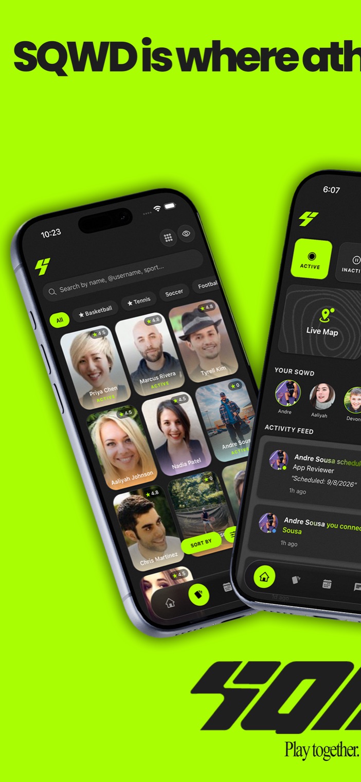 SQWD is where athletes connect and games happen: the player grid alongside the home feed.