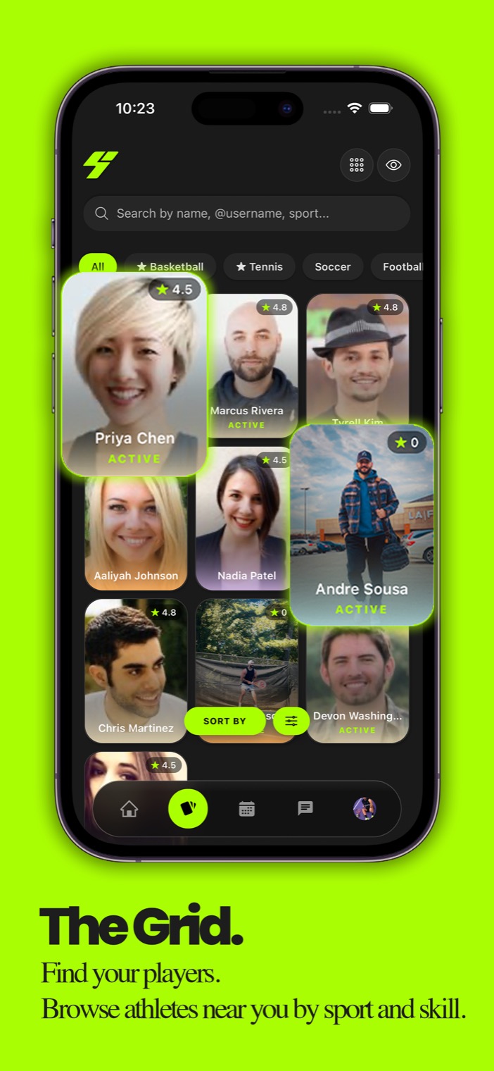 The Grid: browse athletes near you by sport and skill level.